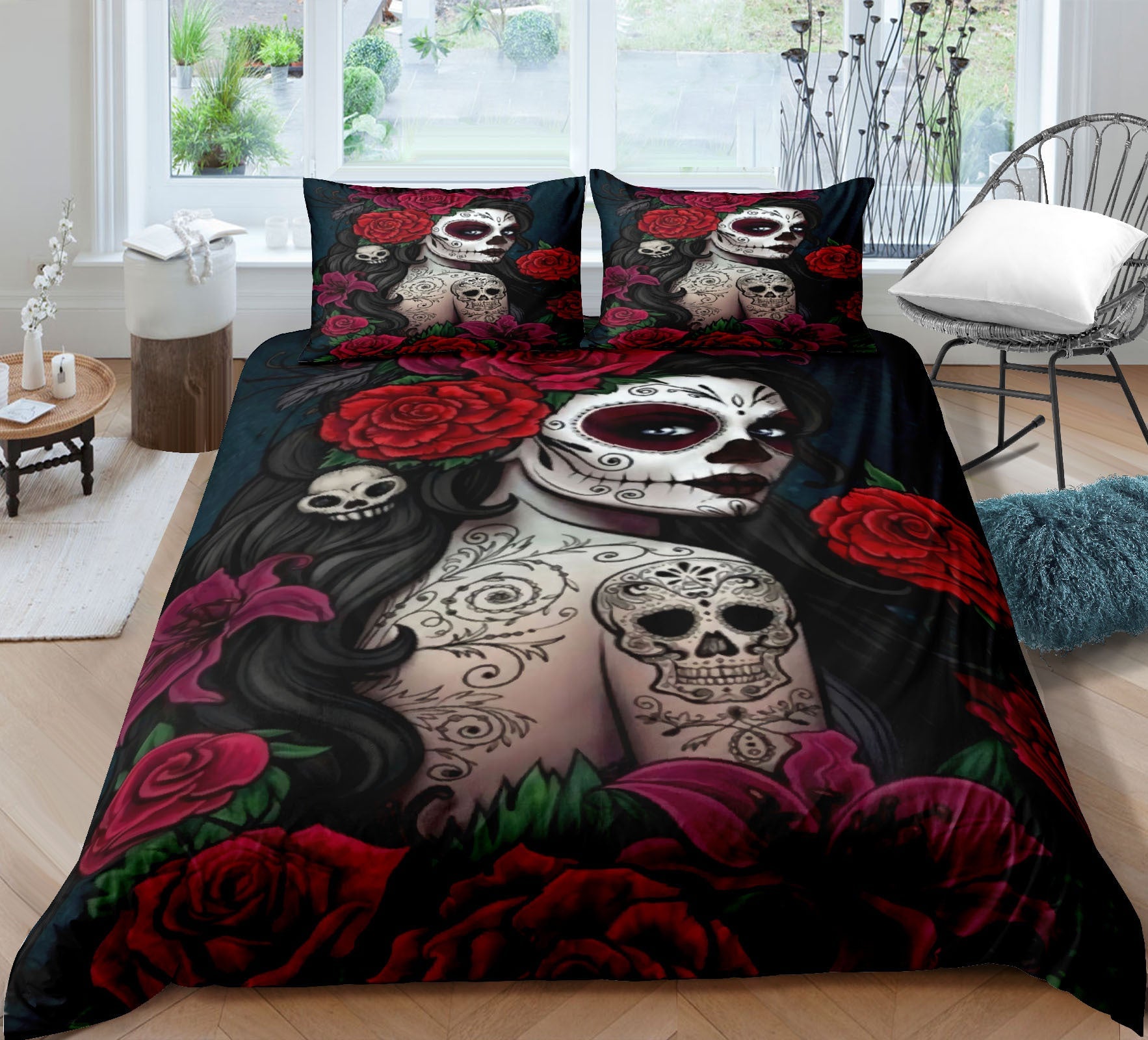 KTX-732051 Skull-Themed 3D Digital Print Bedding Set - Quilt Cover & Pillowcases in Multiple Sizes