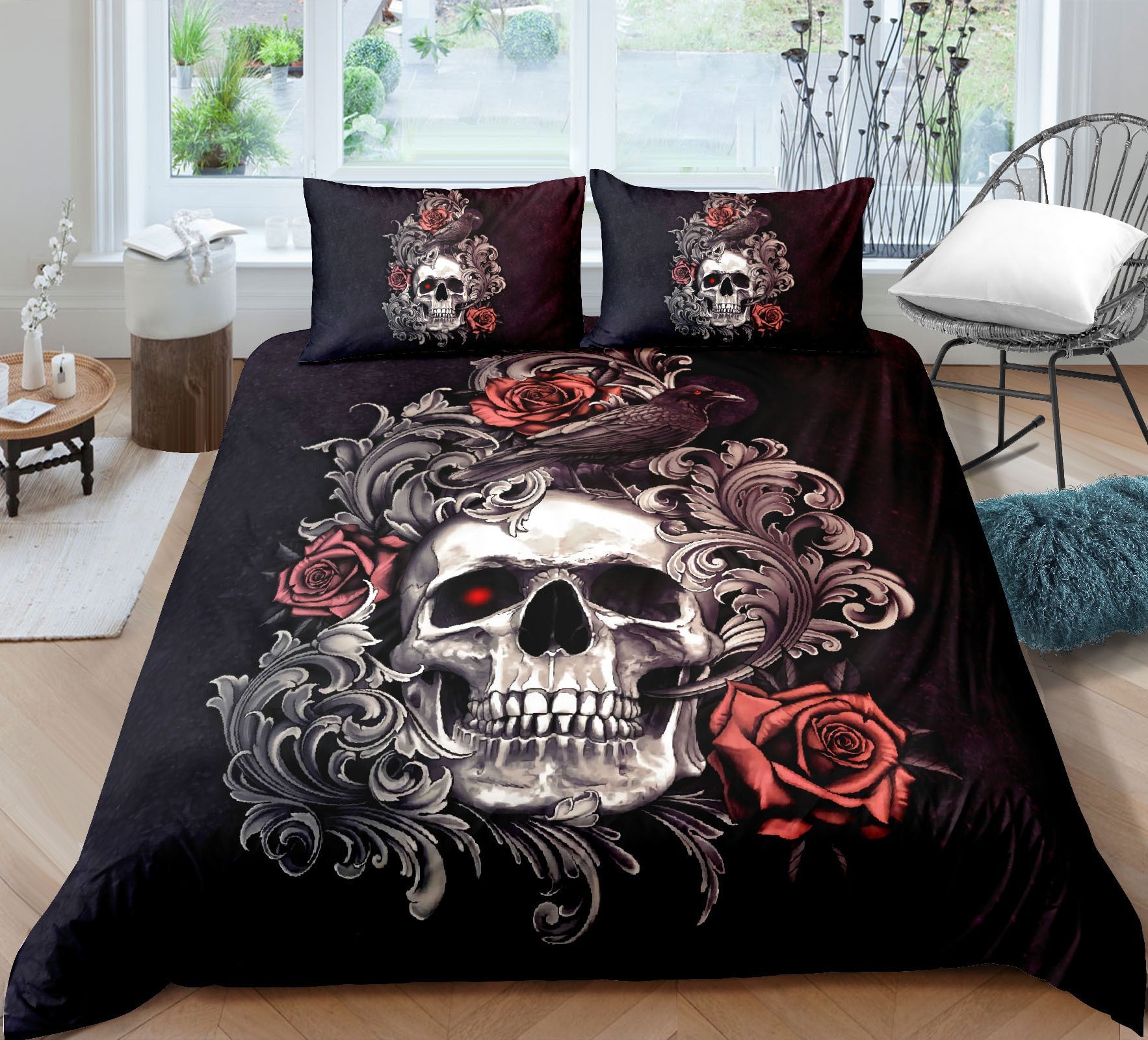 KTX-732051 Skull-Themed 3D Digital Print Bedding Set - Quilt Cover & Pillowcases in Multiple Sizes