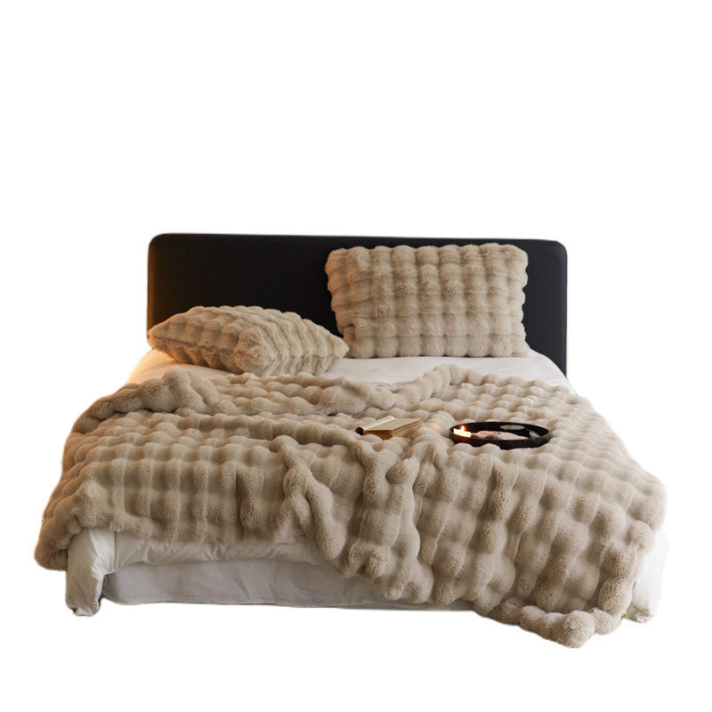 KTX-737427 Fur Rabbit Hair Sofa Blanket - Simple Solid Color in Tuscany White, Grey, or Light Camel