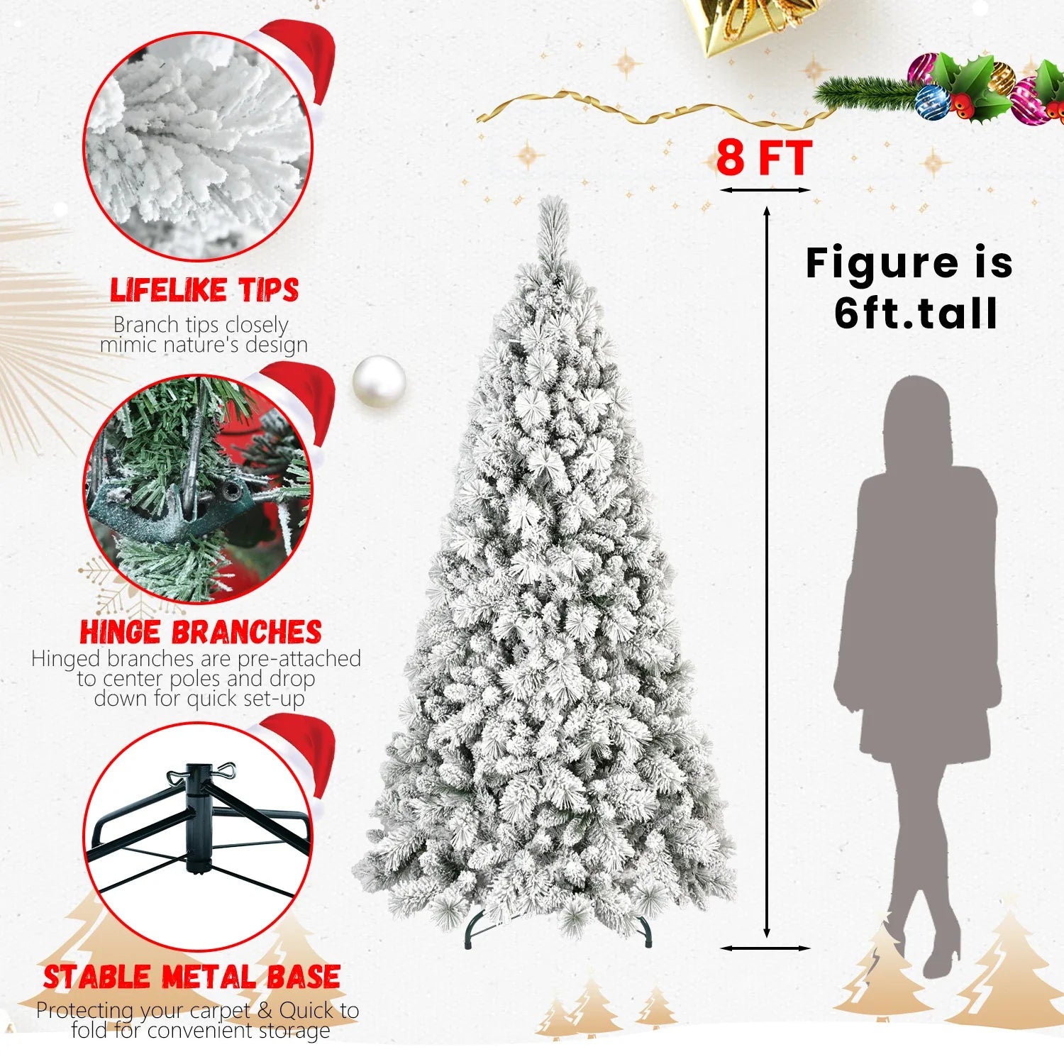 KTX-740563 8ft Pre-Lit Snowy Cedar Artificial Christmas Tree with Warm White LED Lights and Metal Stand