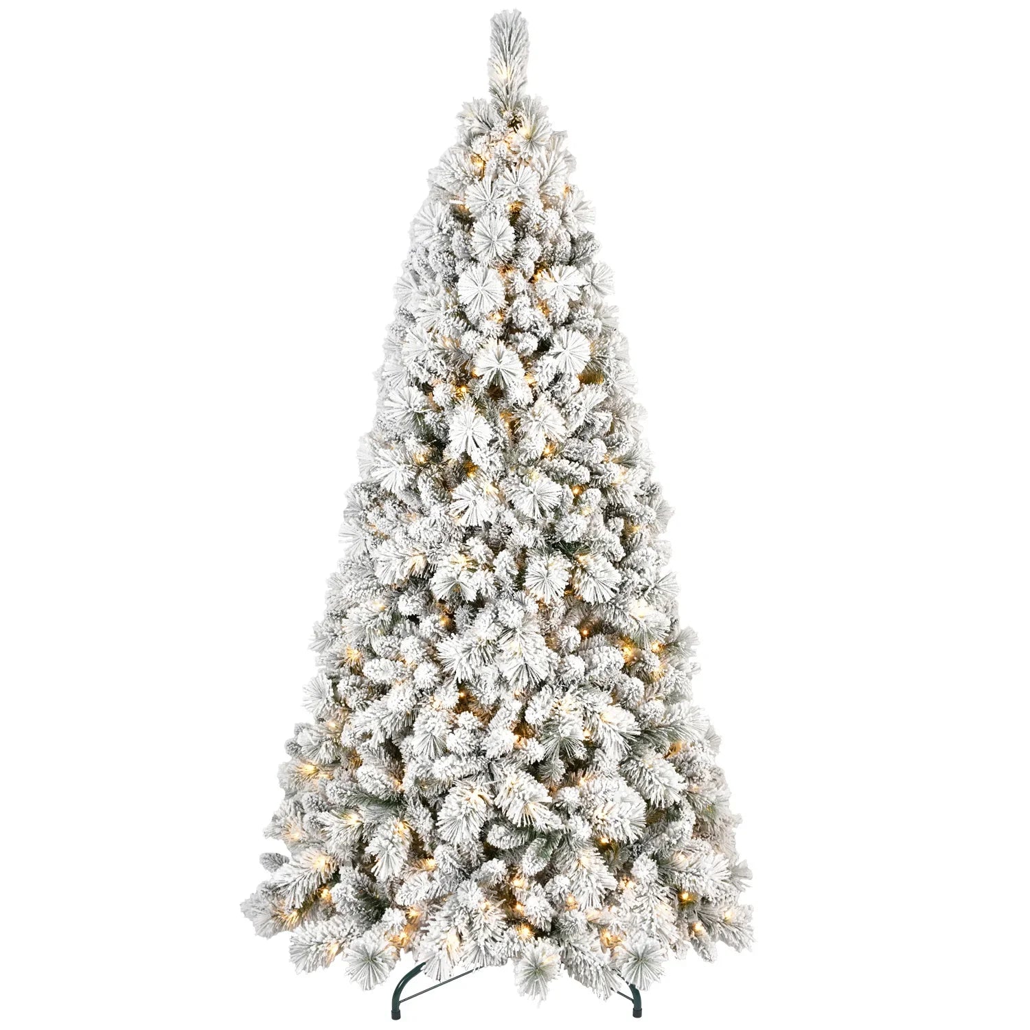 KTX-740563 8ft Pre-Lit Snowy Cedar Artificial Christmas Tree with Warm White LED Lights and Metal Stand