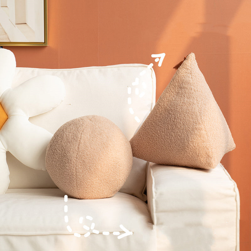 KTX-742099 Nordic Style Triangle White Ball Plush Pillow Cushion for Bedside and Sofa Decor