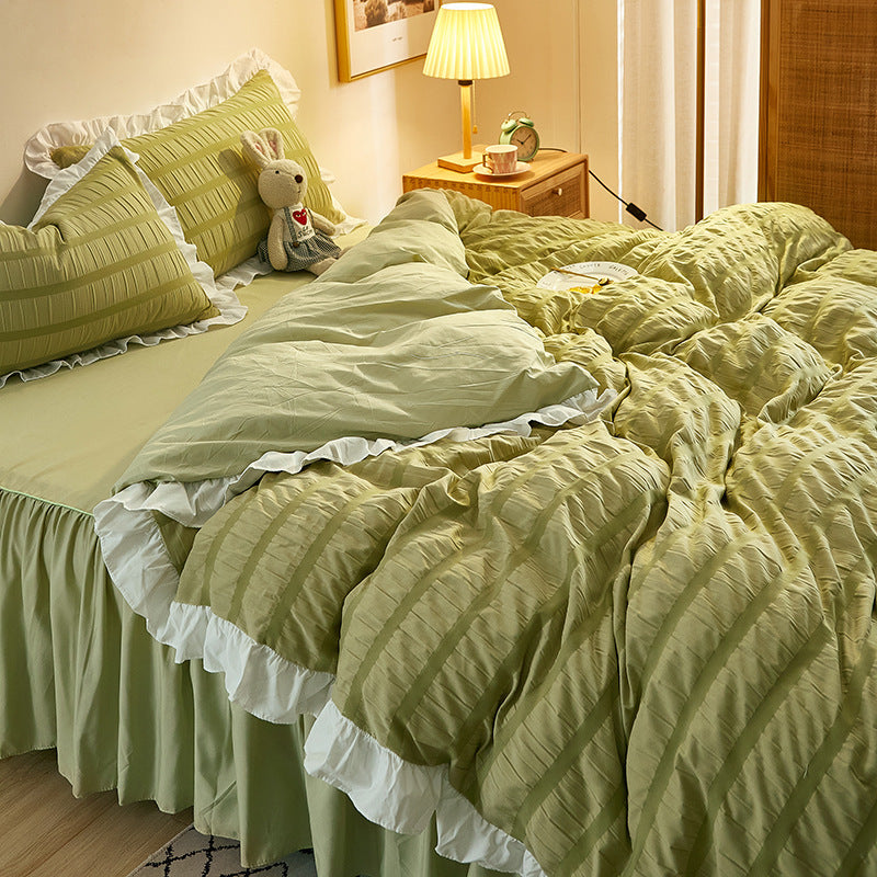 KTX-742419 Washed Cotton Seersucker Lace Four-Piece Bed Sheet Duvet Cover Set with Bed Skirt