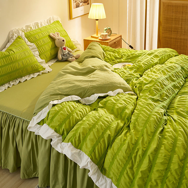KTX-742419 Washed Cotton Seersucker Lace Four-Piece Bed Sheet Duvet Cover Set with Bed Skirt