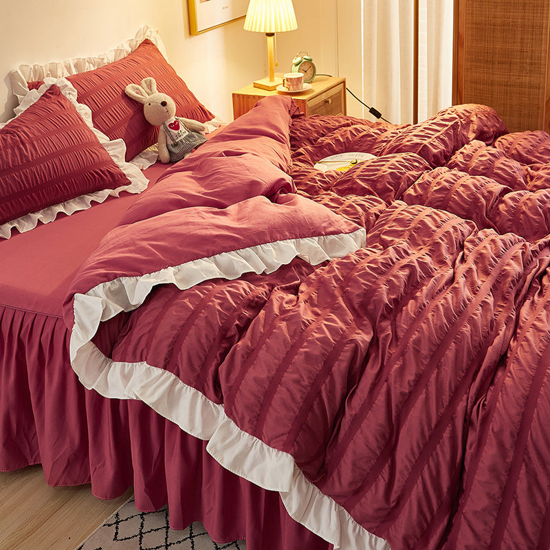 KTX-742419 Washed Cotton Seersucker Lace Four-Piece Bed Sheet Duvet Cover Set with Bed Skirt