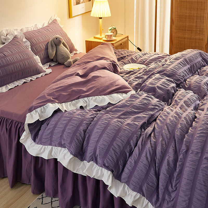 KTX-742419 Washed Cotton Seersucker Lace Four-Piece Bed Sheet Duvet Cover Set with Bed Skirt