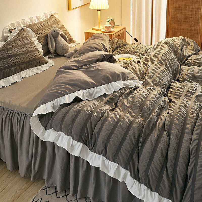 KTX-742419 Washed Cotton Seersucker Lace Four-Piece Bed Sheet Duvet Cover Set with Bed Skirt
