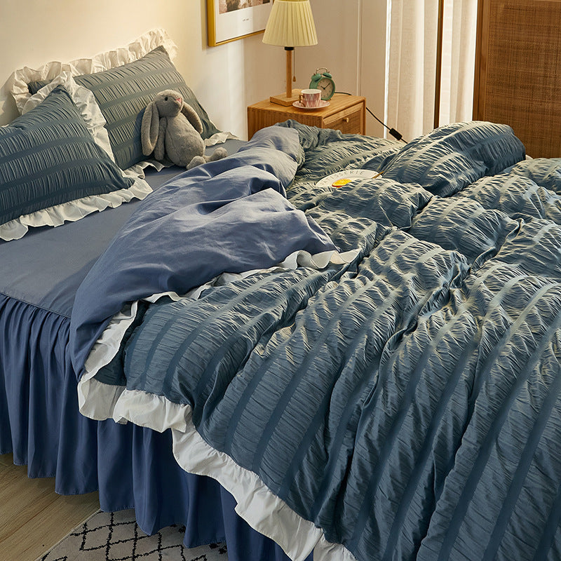 KTX-742419 Washed Cotton Seersucker Lace Four-Piece Bed Sheet Duvet Cover Set with Bed Skirt