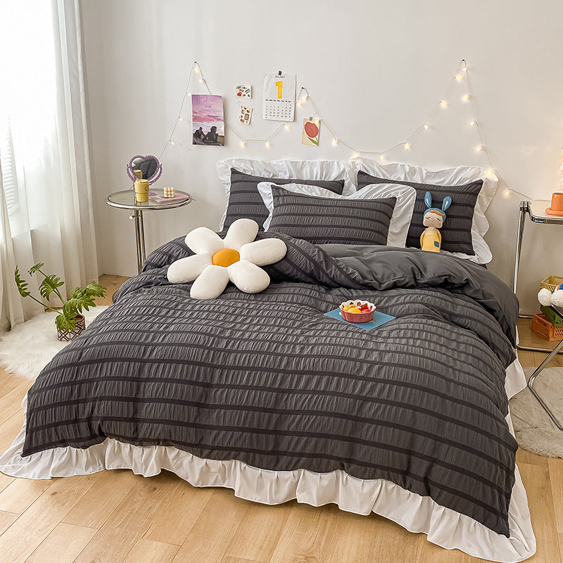 KTX-742419 Washed Cotton Seersucker Lace Four-Piece Bed Sheet Duvet Cover Set with Bed Skirt