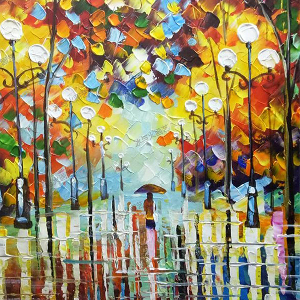 KTX-743187 Hand-painted Impressionist Oil Painting of a Modern Minimalist Rain Scene - Canvas Art, Frameless, Various Sizes Available