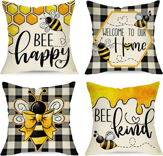 KTX-744083 Bee Festival Sunflower Linen Pillow Cover - Nordic Style 45x45cm Cushion Cover in Multiple Colors