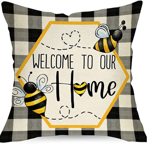 KTX-744083 Bee Festival Sunflower Linen Pillow Cover - Nordic Style 45x45cm Cushion Cover in Multiple Colors
