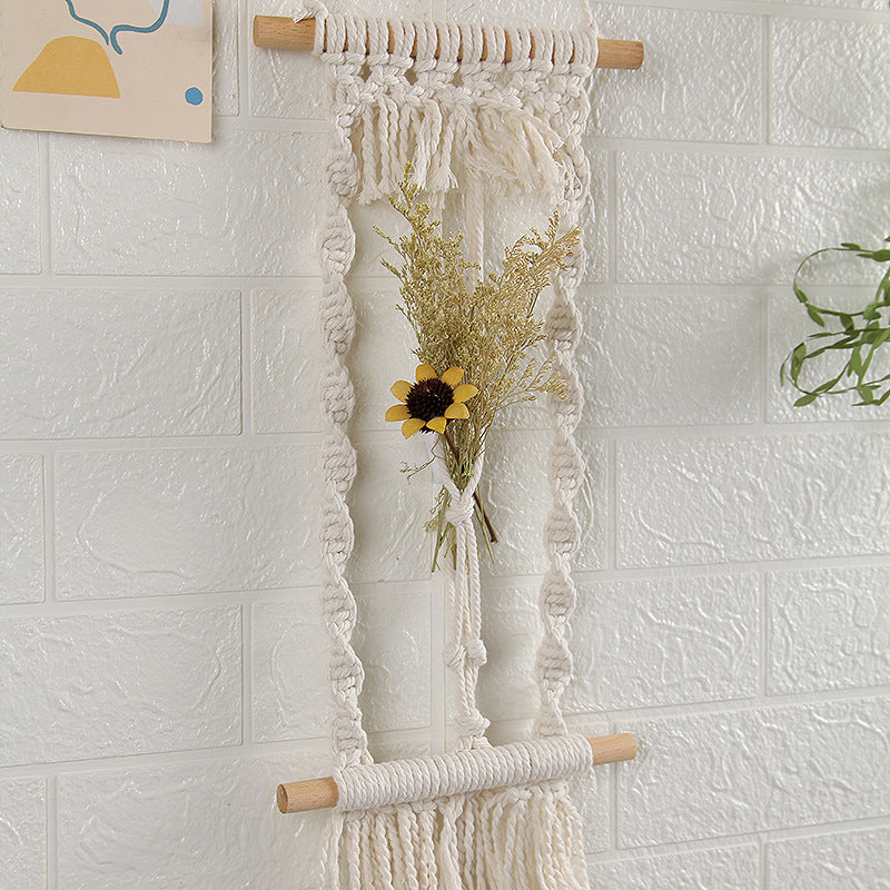 KTX-744339 Hand-Woven Cotton Rope Wall Tapestry with Dried Flower Decoration - Rectangle, European Style (20x45cm)