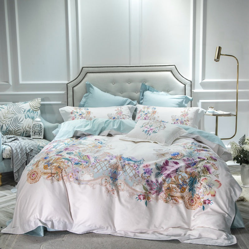 KTX-744403 Cotton Long-staple Satin Four-piece Bedding Set with Floral Patterns