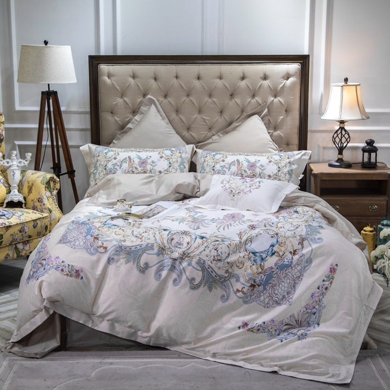 KTX-744403 Cotton Long-staple Satin Four-piece Bedding Set with Floral Patterns