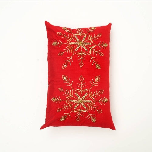 KTX-745363 Elegant Polyester Pillow with Snowflake Beadwork and Christmas Embroidery, 24x16 inches