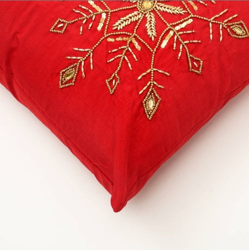 KTX-745363 Elegant Polyester Pillow with Snowflake Beadwork and Christmas Embroidery, 24x16 inches