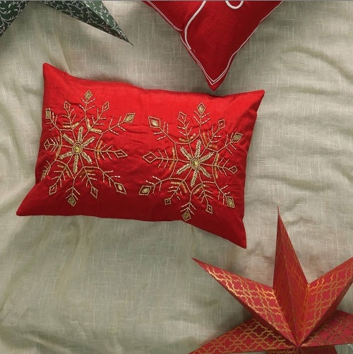 KTX-745363 Elegant Polyester Pillow with Snowflake Beadwork and Christmas Embroidery, 24x16 inches