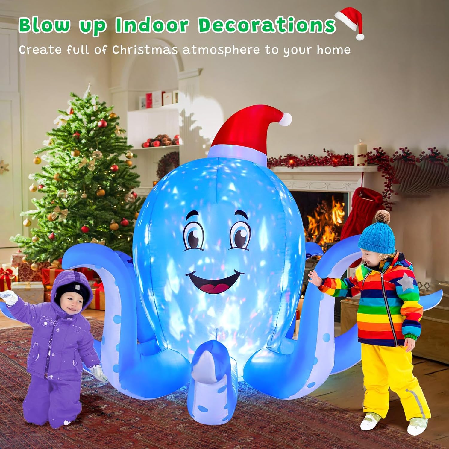 KTX-745747 7FT Inflatable Christmas Octopus with Rotating LED Light for Yard and Indoor Holiday Decor