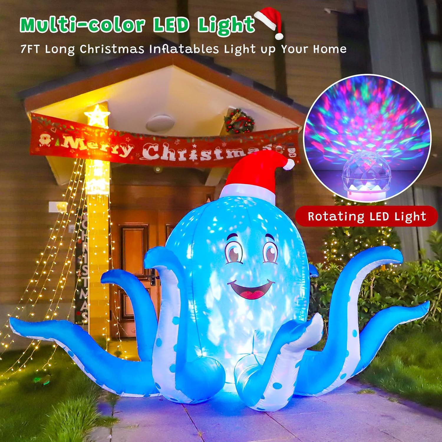 KTX-745747 7FT Inflatable Christmas Octopus with Rotating LED Light for Yard and Indoor Holiday Decor