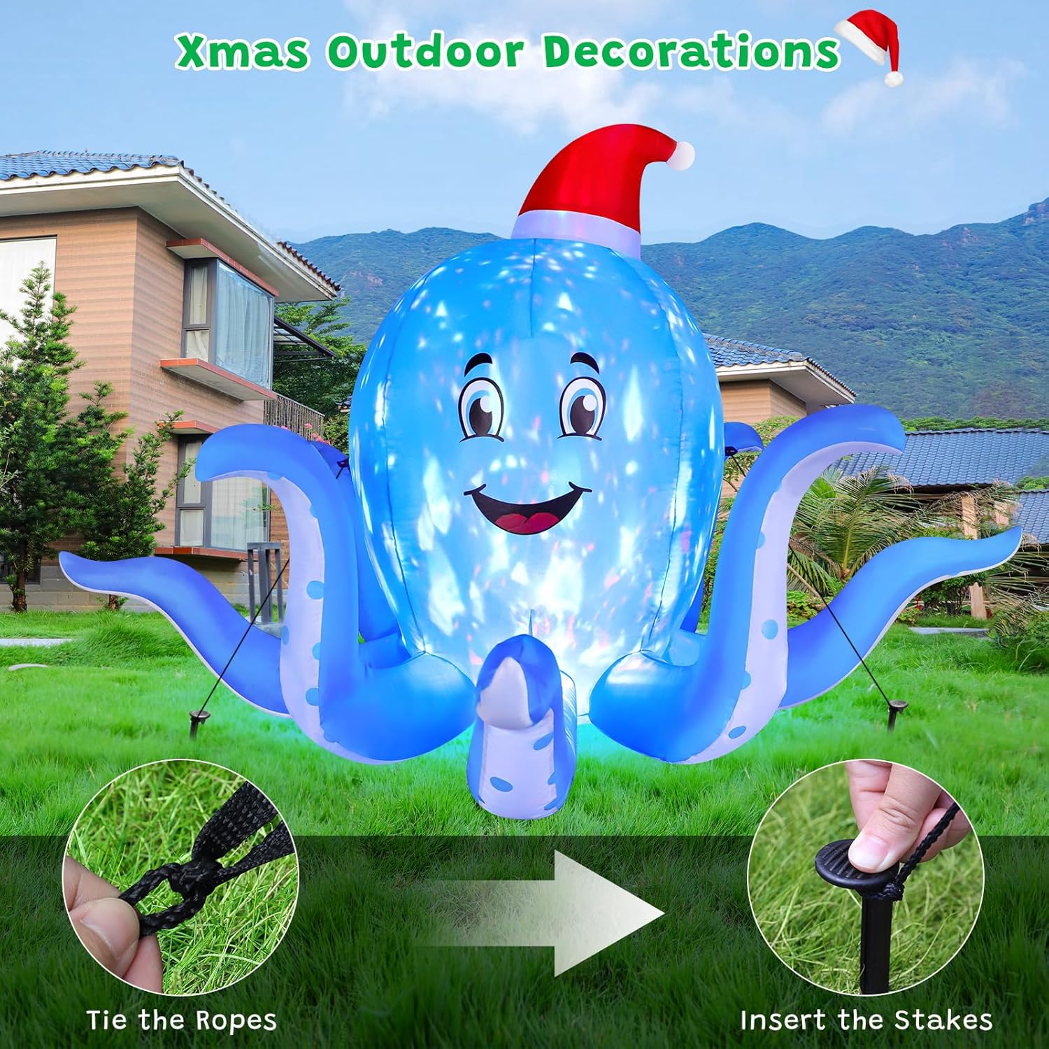 KTX-745747 7FT Inflatable Christmas Octopus with Rotating LED Light for Yard and Indoor Holiday Decor
