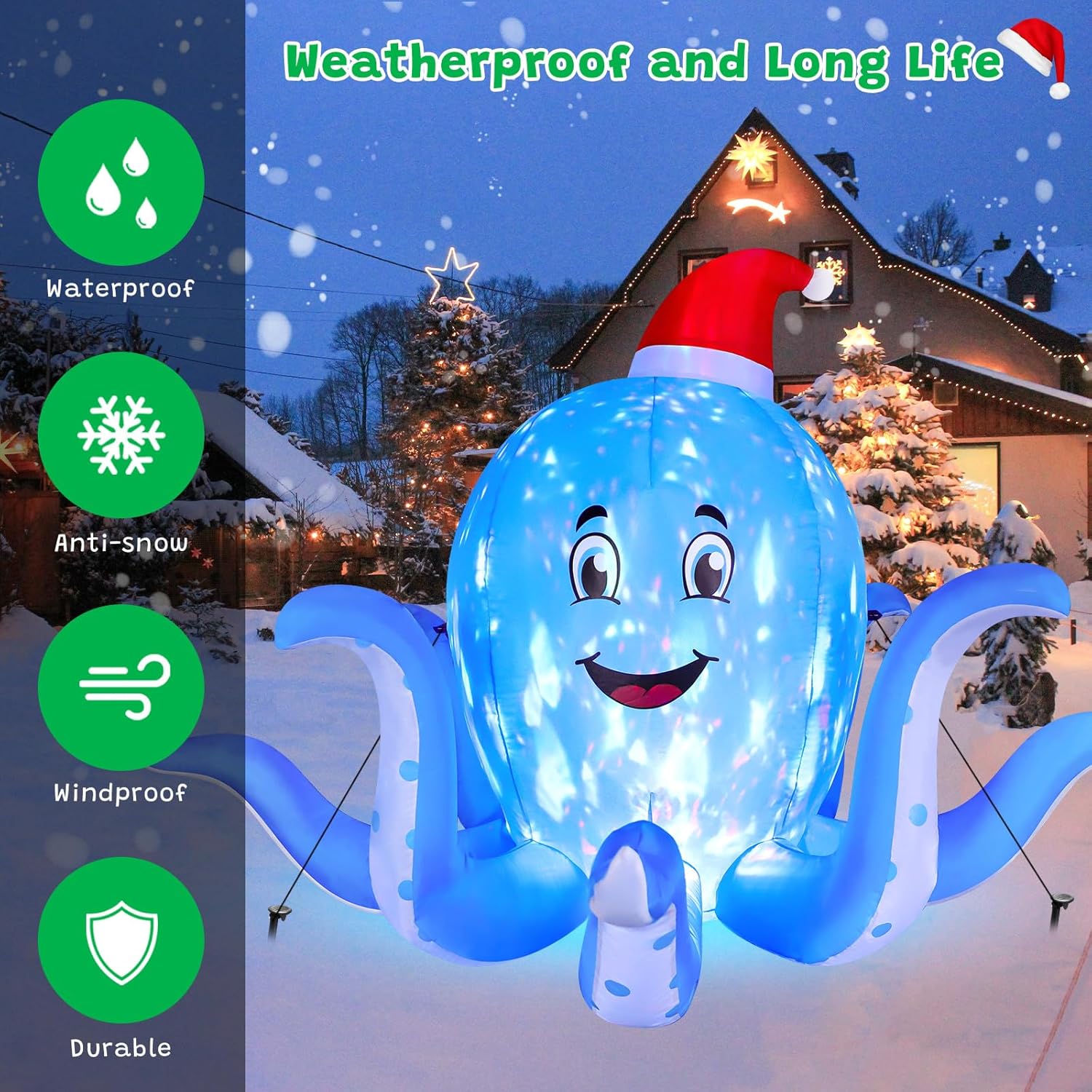 KTX-745747 7FT Inflatable Christmas Octopus with Rotating LED Light for Yard and Indoor Holiday Decor