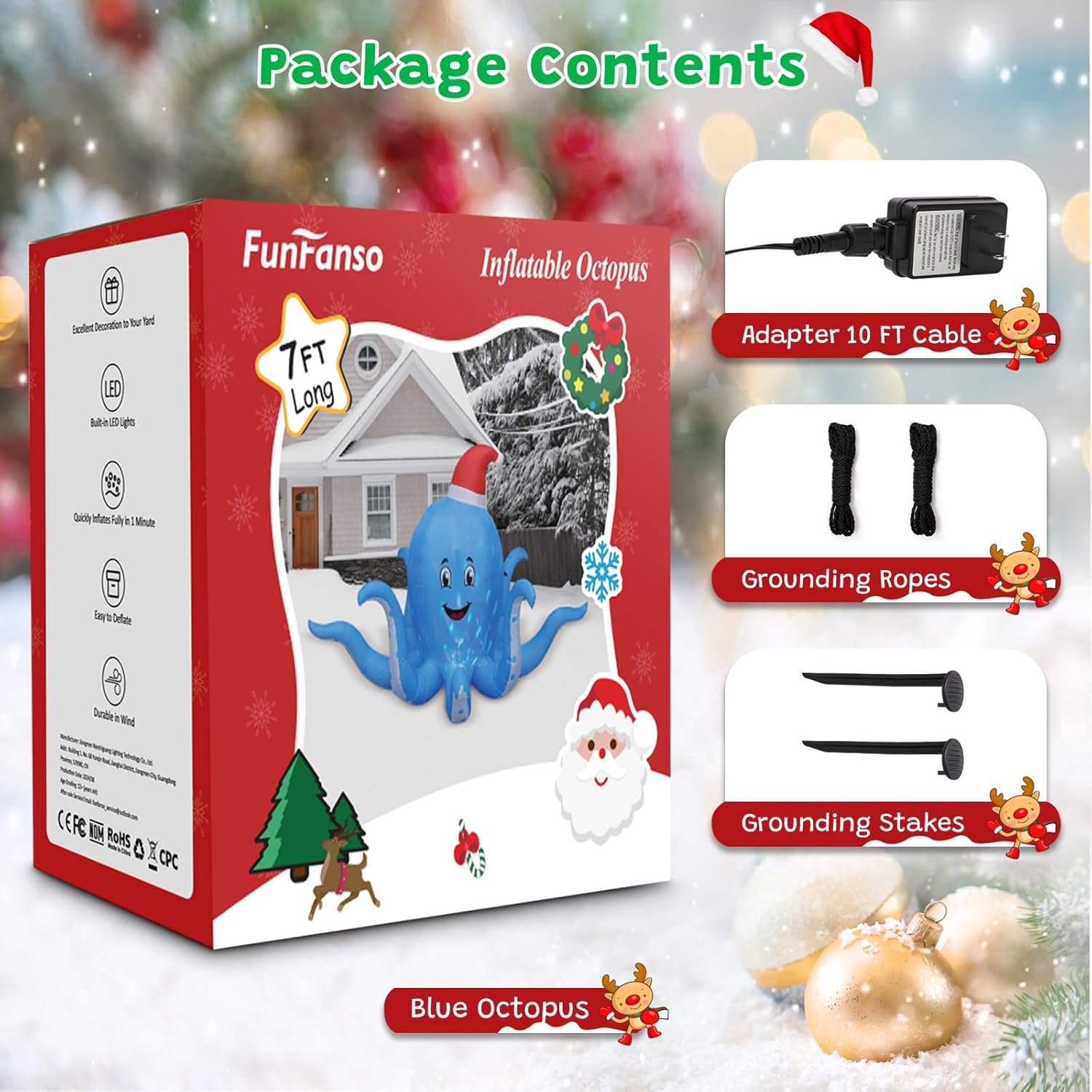 KTX-745747 7FT Inflatable Christmas Octopus with Rotating LED Light for Yard and Indoor Holiday Decor