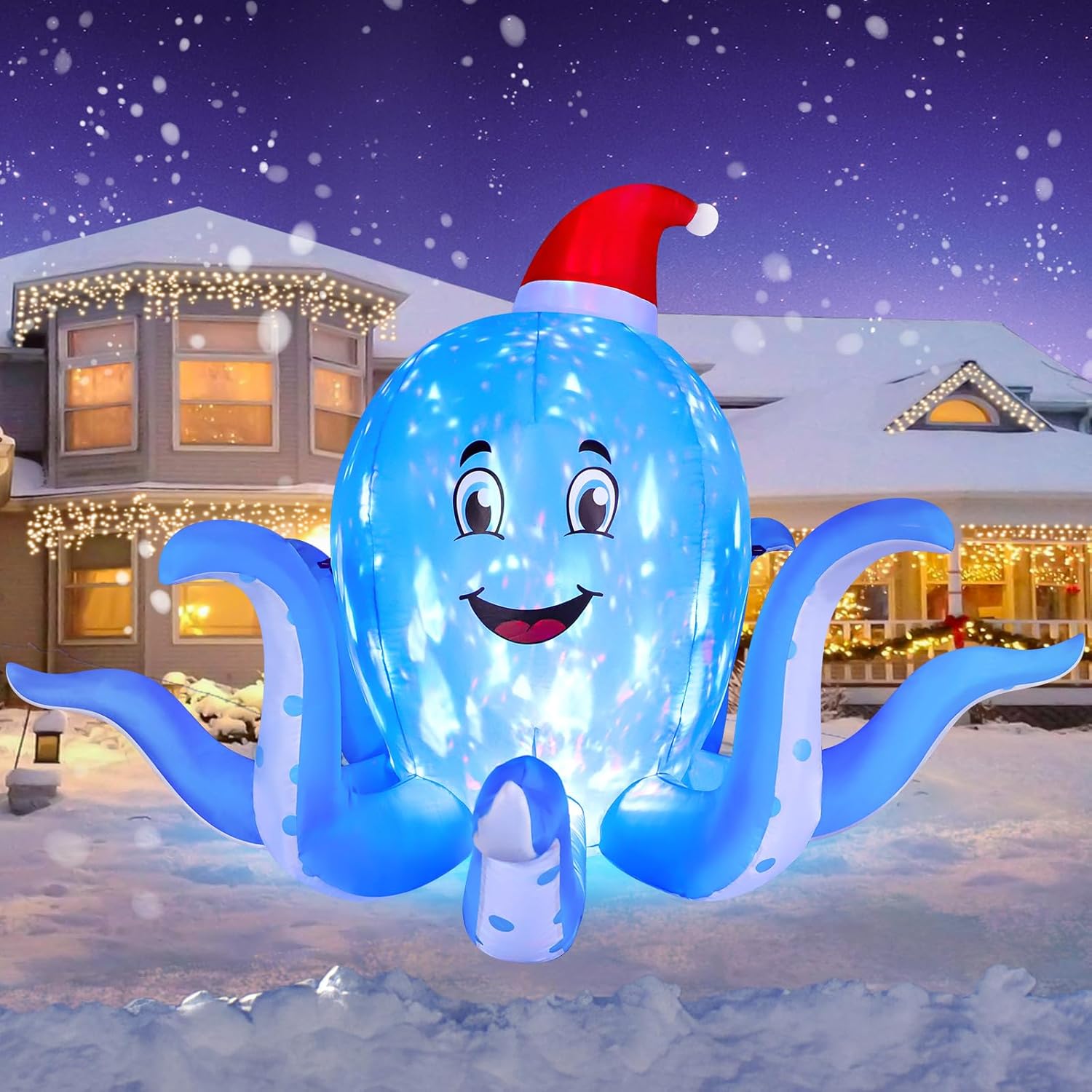 KTX-745747 7FT Inflatable Christmas Octopus with Rotating LED Light for Yard and Indoor Holiday Decor