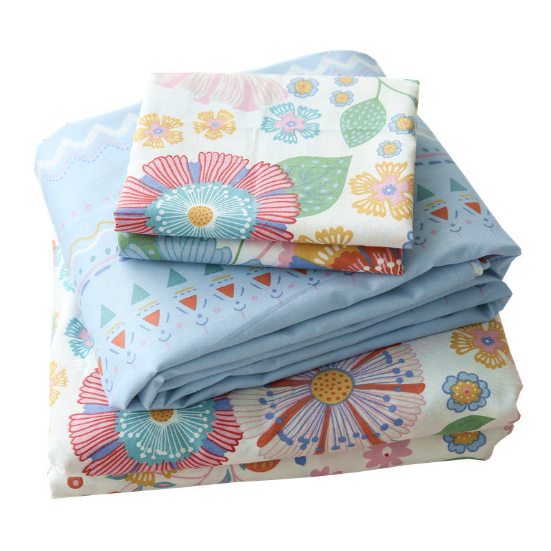 KTX-745875 Four-Piece Cotton Twill Bed Sheet Set with Duvet Cover and Pillowcases in Floral Pattern