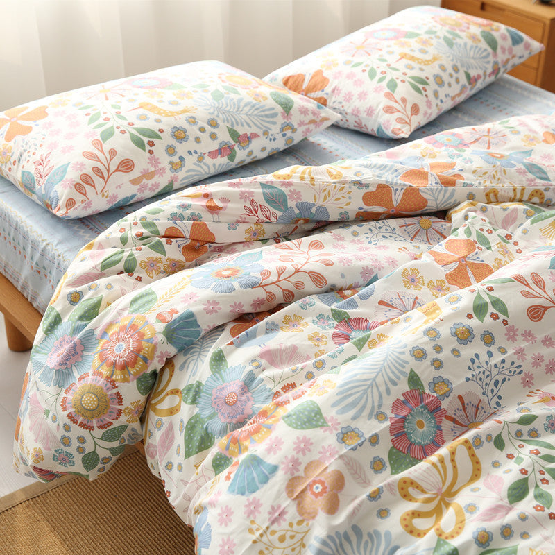 KTX-745875 Four-Piece Cotton Twill Bed Sheet Set with Duvet Cover and Pillowcases in Floral Pattern