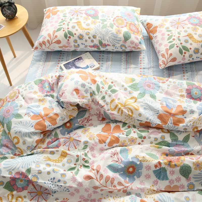 KTX-745875 Four-Piece Cotton Twill Bed Sheet Set with Duvet Cover and Pillowcases in Floral Pattern