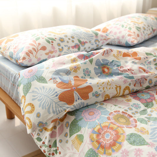 KTX-745875 Four-Piece Cotton Twill Bed Sheet Set with Duvet Cover and Pillowcases in Floral Pattern