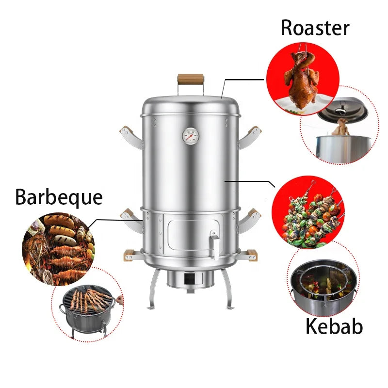 KTX-746067 304 Stainless Steel Portable Charcoal BBQ Grill and Chicken Roaster, 3-in-1 Multi-functional Design, Detachable Accessories