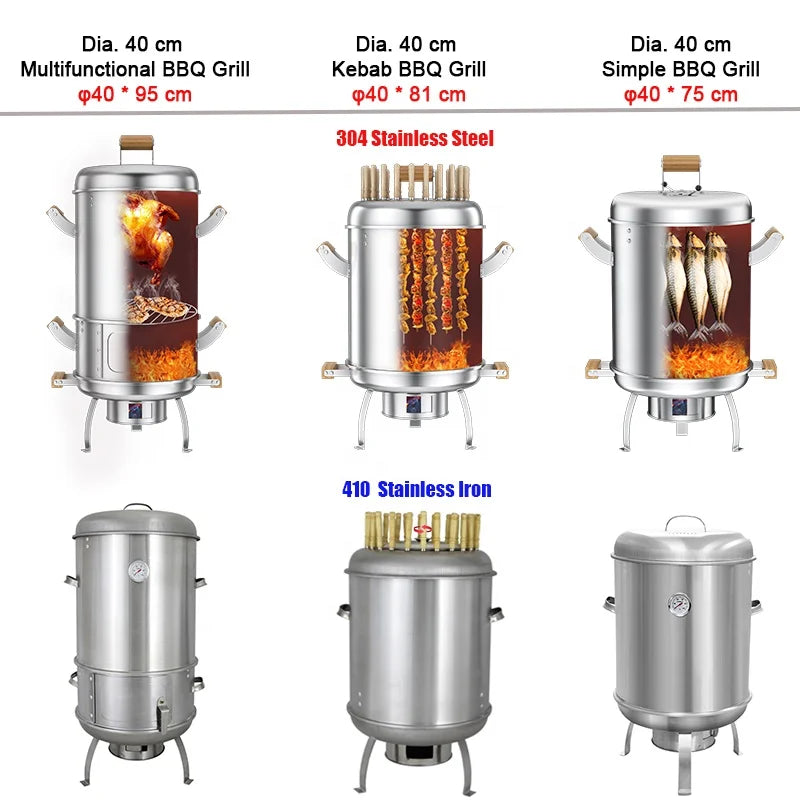 KTX-746067 304 Stainless Steel Portable Charcoal BBQ Grill and Chicken Roaster, 3-in-1 Multi-functional Design, Detachable Accessories