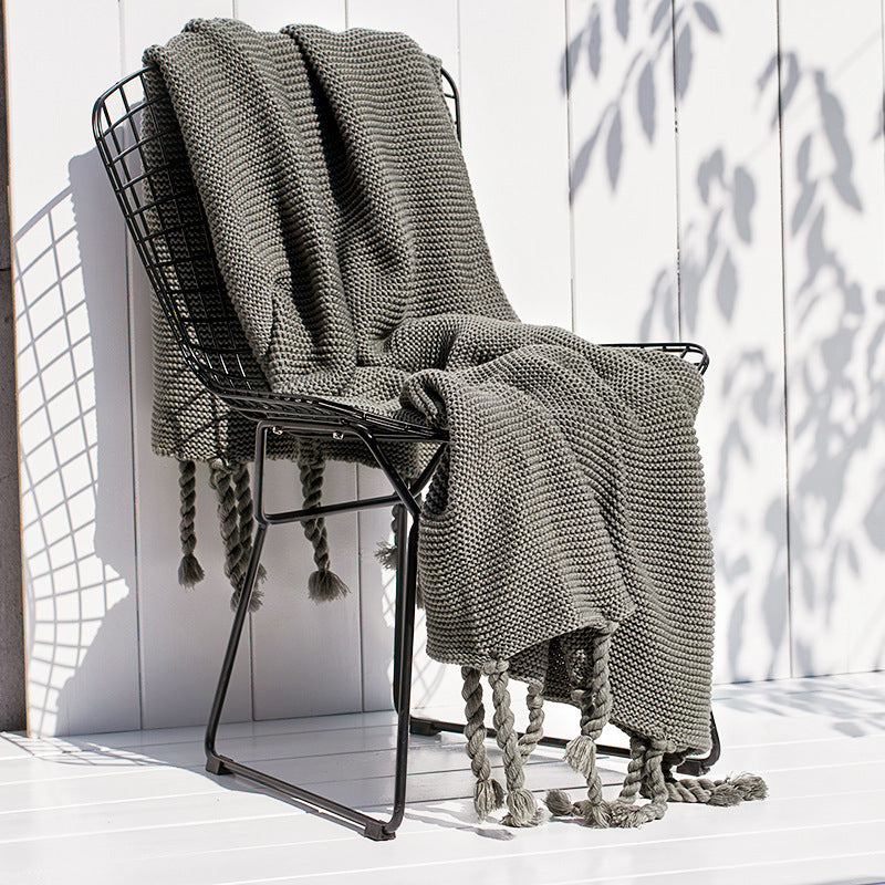 KTX-747283 Nordic Style Knitted Tassel Blanket for Office and Leisure, Solid White, 130x170cm