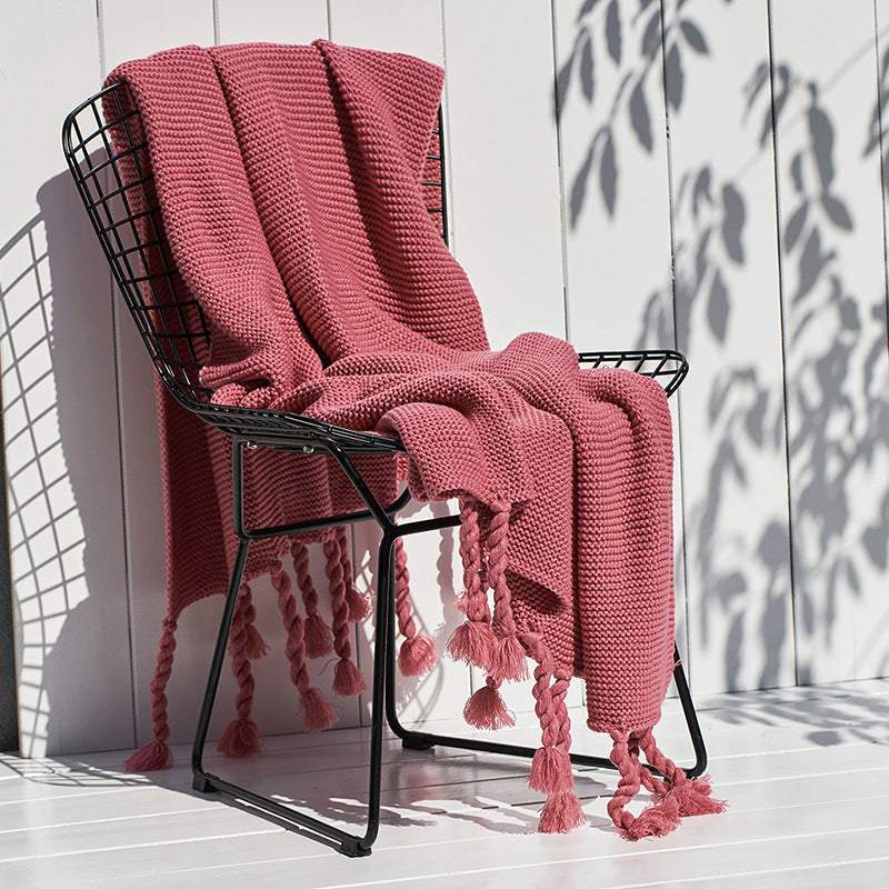 KTX-747283 Nordic Style Knitted Tassel Blanket for Office and Leisure, Solid White, 130x170cm