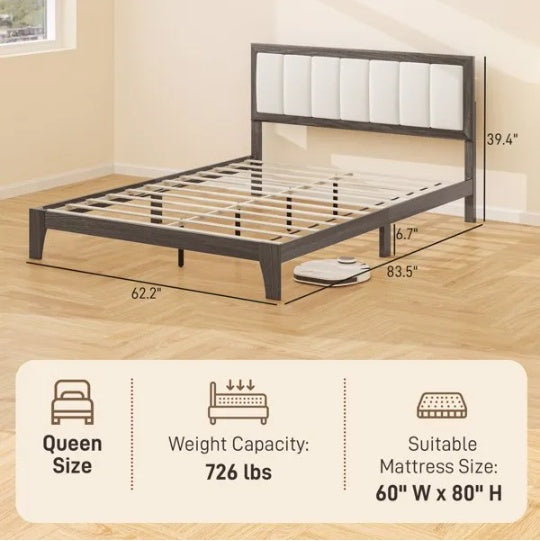 KTX-747539 Upholstered Queen Size Bed Frame with Adjustable Feet and 726 lbs Weight Capacity, Linen-Fabric Headboard, Easy Assembly