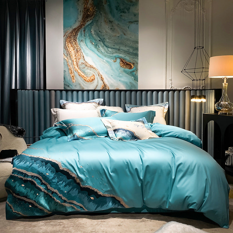 KTX-748179 Luxury Cotton Satin Quilt Cover Set with Ocean Embroidery - 4 Piece Bedding Collection