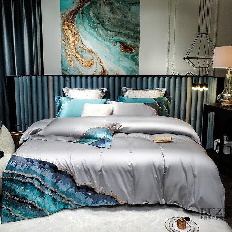 KTX-748179 Luxury Cotton Satin Quilt Cover Set with Ocean Embroidery - 4 Piece Bedding Collection