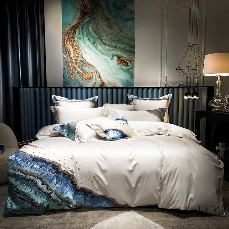 KTX-748179 Luxury Cotton Satin Quilt Cover Set with Ocean Embroidery - 4 Piece Bedding Collection