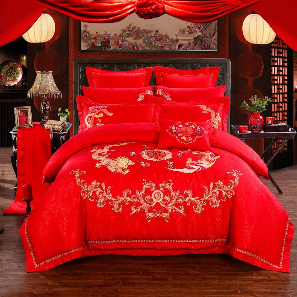 KTX-749011 Elegant Dragon and Phoenix Four-Piece Cotton Bedding Set - Suitable for Various Bed Sizes