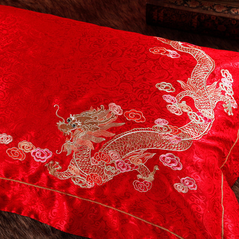 KTX-749011 Elegant Dragon and Phoenix Four-Piece Cotton Bedding Set - Suitable for Various Bed Sizes