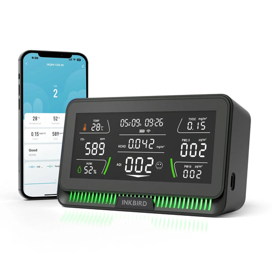 KTX-749203 WiFi Air Quality Monitor for CO2, PM2.5, PM10, TVOC, HCHO, AQI, Temperature, and Humidity Analysis