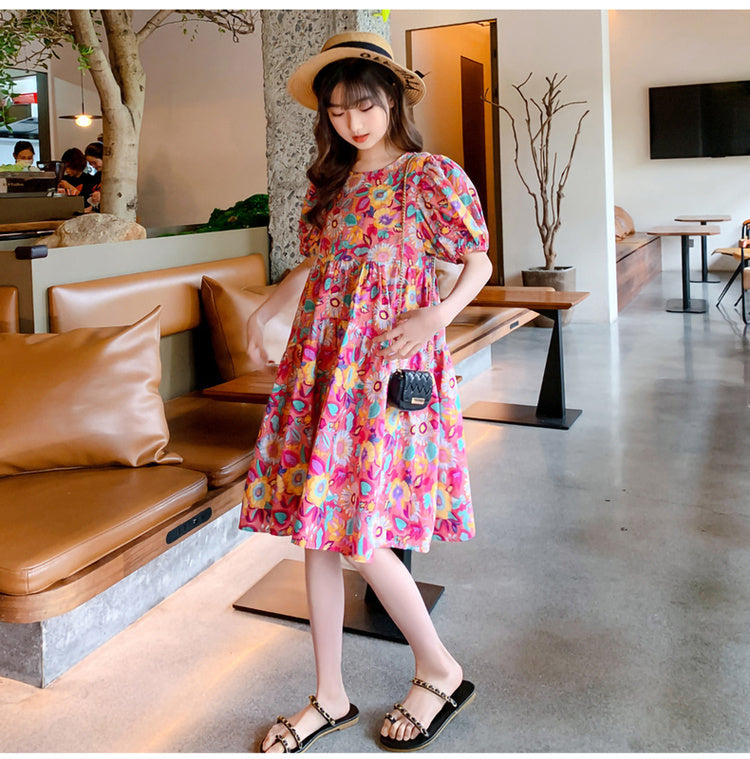 KTX-749843 Peach Pink Printed Mother-Daughter Skirt in 100% Cotton with Floral Design