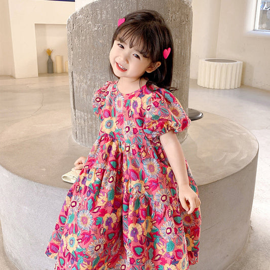 KTX-749843 Peach Pink Printed Mother-Daughter Skirt in 100% Cotton with Floral Design