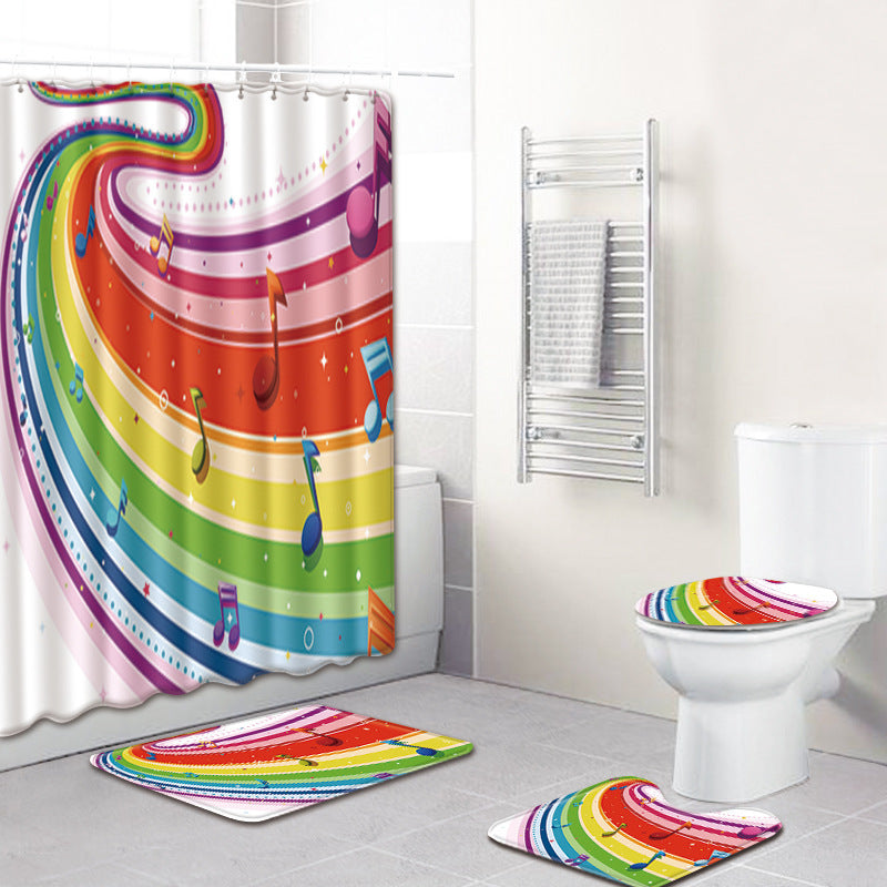 KTX-750995 Music Note Colorful Bathroom Carpet and Shower Curtain Set - Water-Absorbent Non-Slip Mat, 4-Piece Collection
