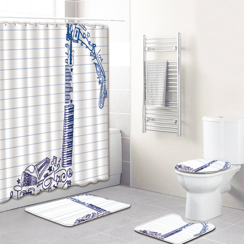 KTX-750995 Music Note Colorful Bathroom Carpet and Shower Curtain Set - Water-Absorbent Non-Slip Mat, 4-Piece Collection