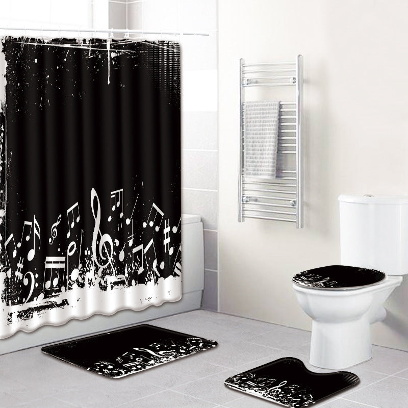 KTX-750995 Music Note Colorful Bathroom Carpet and Shower Curtain Set - Water-Absorbent Non-Slip Mat, 4-Piece Collection
