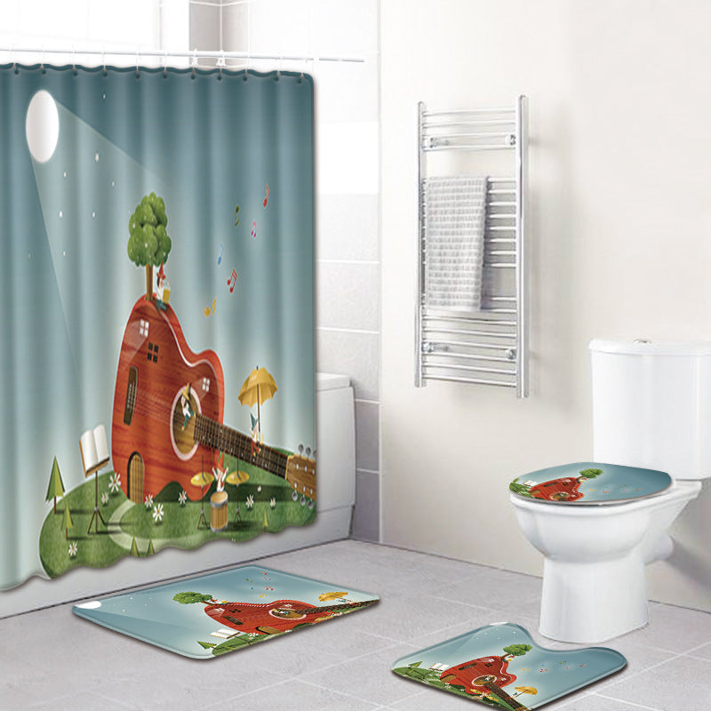KTX-750995 Music Note Colorful Bathroom Carpet and Shower Curtain Set - Water-Absorbent Non-Slip Mat, 4-Piece Collection