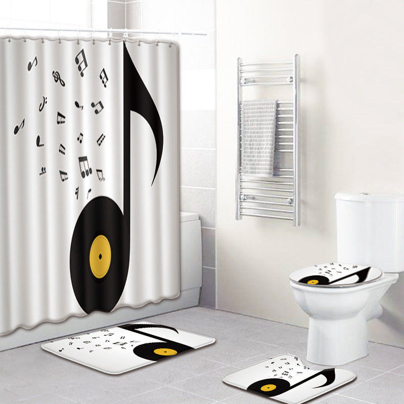 KTX-750995 Music Note Colorful Bathroom Carpet and Shower Curtain Set - Water-Absorbent Non-Slip Mat, 4-Piece Collection